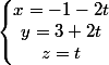 \left\lbrace\begin{matrix} x= -1-2t & & \\ y = 3+2t& & \\ z= t& & \end{matrix}\right.